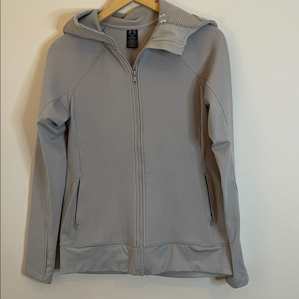 Under Armour Women’s Medium Waffle Knit Full Zip Jacket Light Gray Hood Pockets